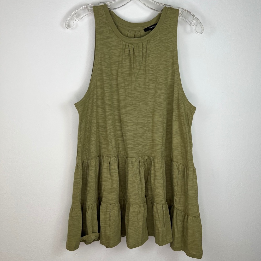 Forever 21 Babydoll Tank Top Small NWT Green Tiered Ruffle Knit